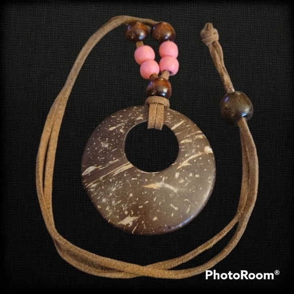 5/$25 COCONUT Shell Pendant Wood Beaded Suede Cord Kidcore Necklace - Picture 1 of 7